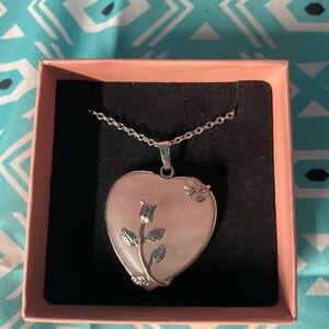 Rose Quartz in a Silver Heart Necklace with Rose Design
